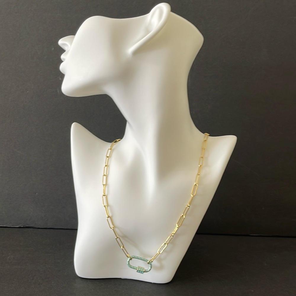 ZENZII TURQUOISE CARABINER LOCK OVAL LINK GOLD TONE NECKLACE